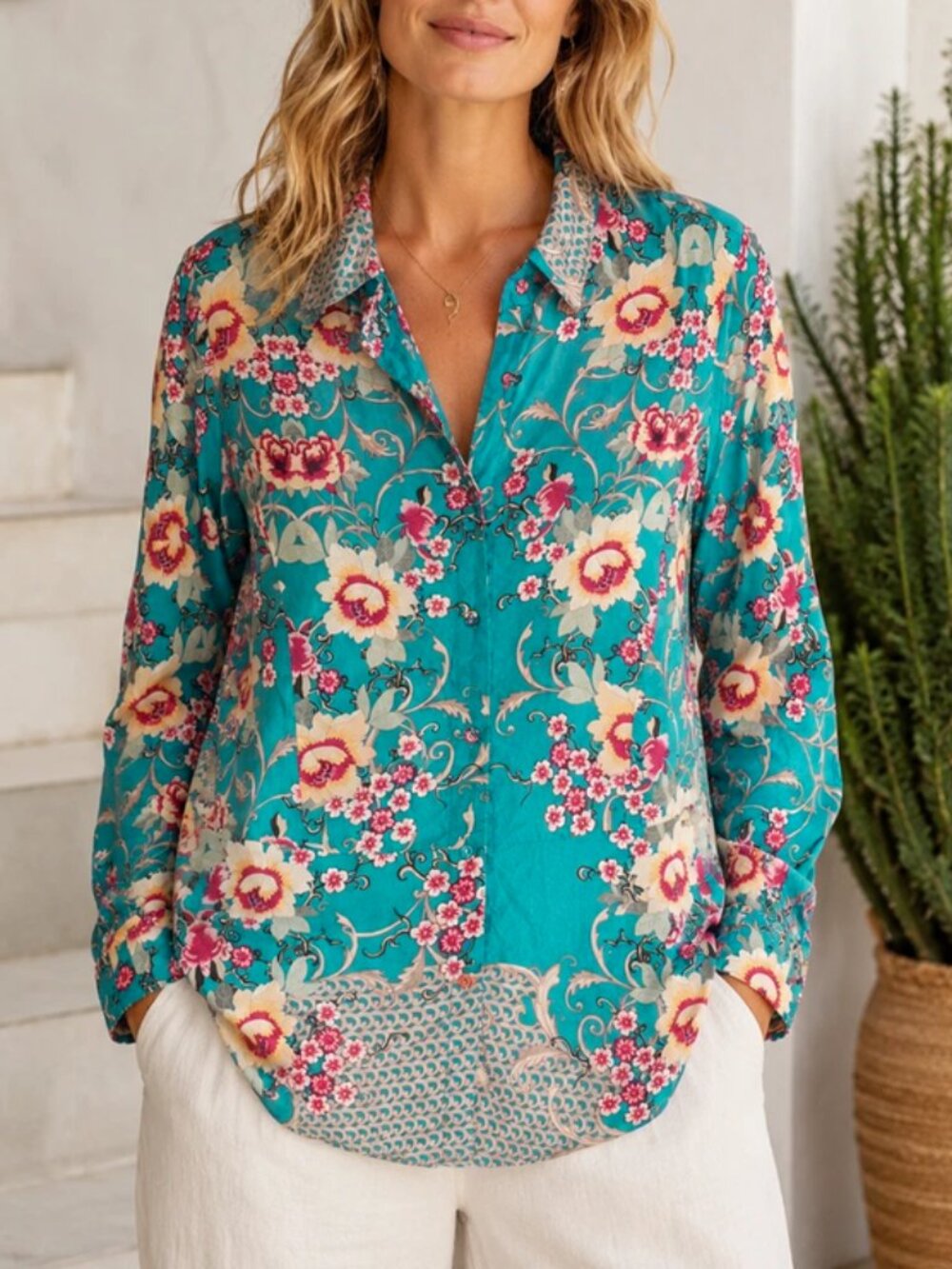 Johnny Was Silk Top Flowy Feminine Floral Button Front Boho Hippie Peplum Blouse